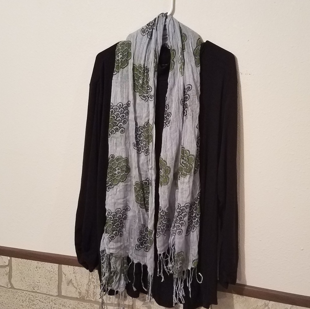 Grey scarf w/ green and black floral design